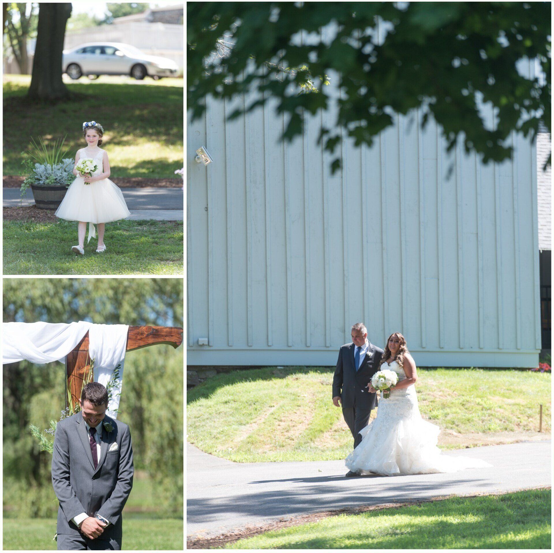 Wedding collage: bride and groom outdoors by a white building, with child attendants in formal attire.