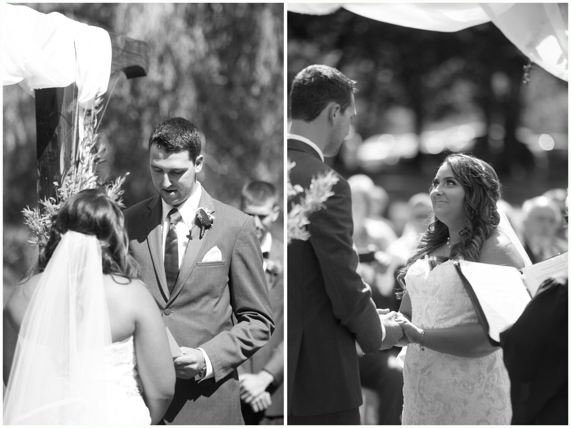 Black-and-white split wedding scene: couple exchanges vows under an arch and signs paperwork outdoors.