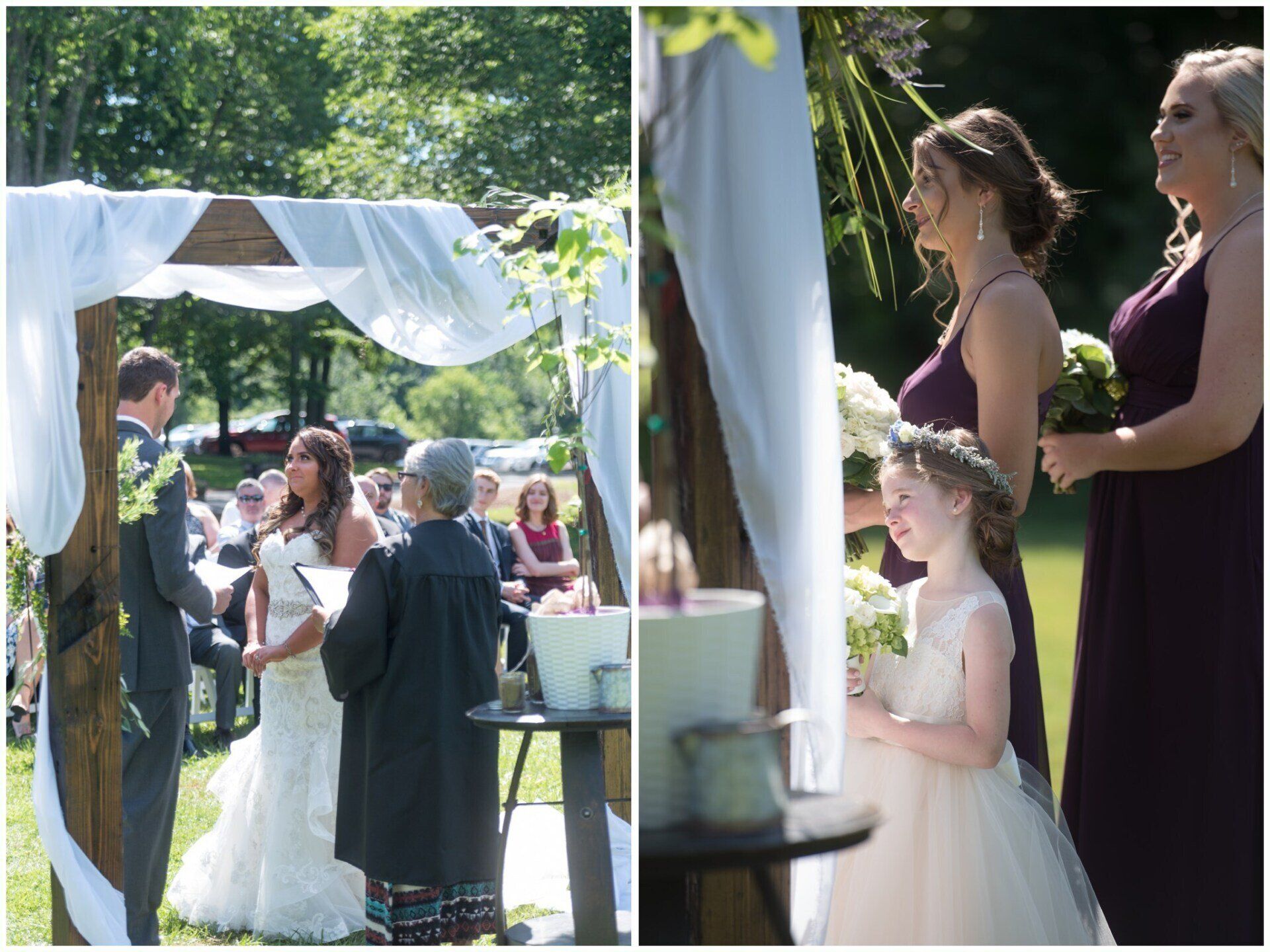 Wedding ceremony outdoors under a white canopy, with bride and officiant facing each other and guests nearby.