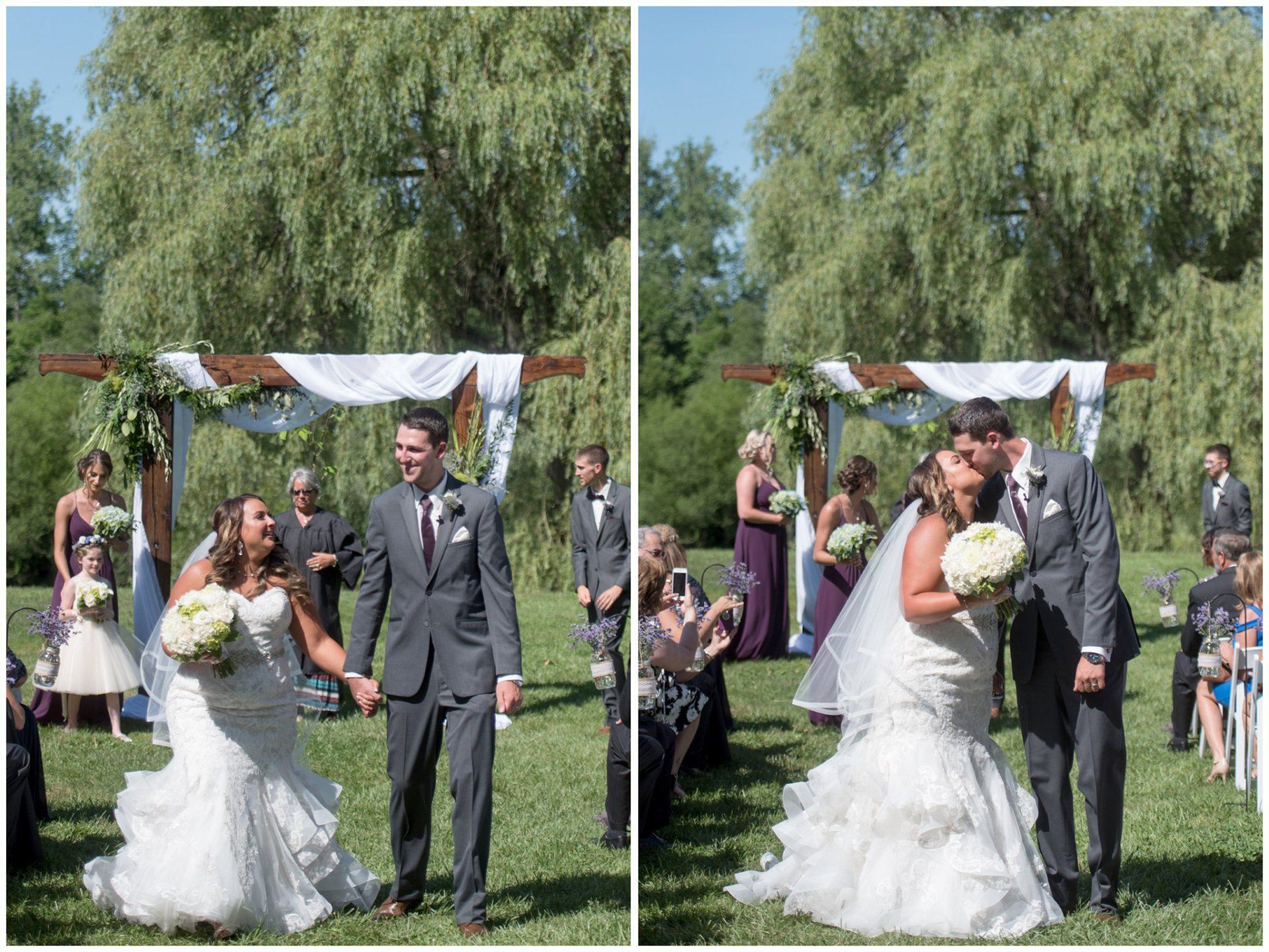 Bride and groom walking down the aisle outdoors after their wedding ceremony