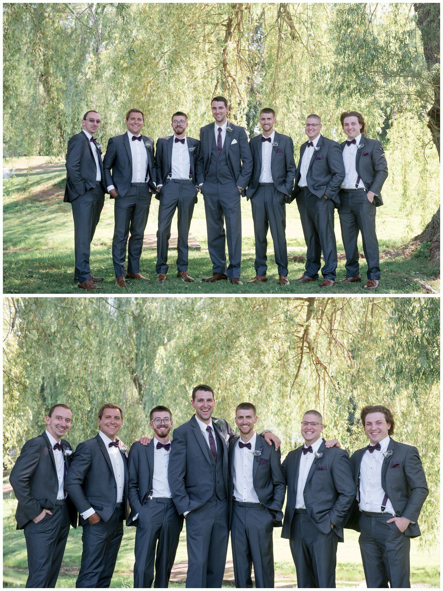 Seven men in suits standing outdoors in two group photos, smiling in a leafy park.