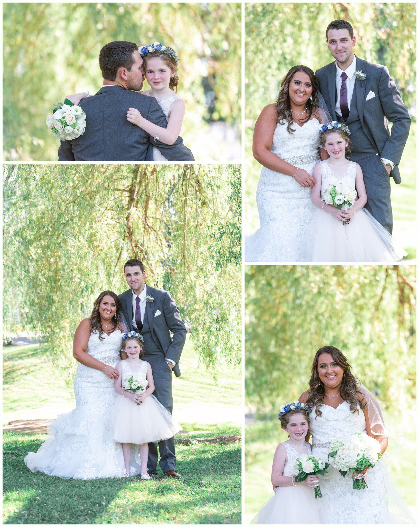 Wedding collage of bride and groom with a young flower girl in a sunlit garden