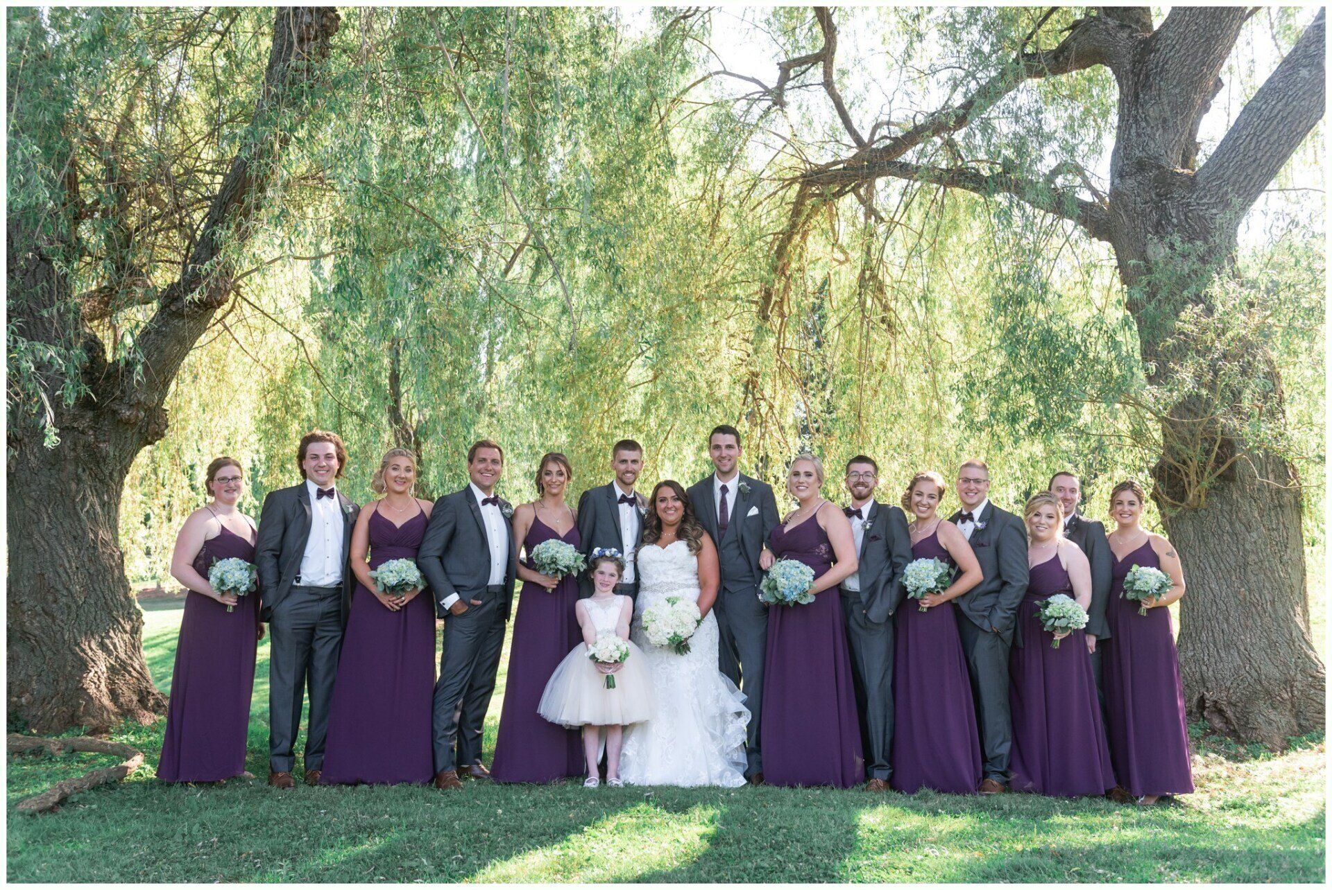 Wedding party posing outdoors under willow trees, with bride in white and attendants in purple dresses and gray suits