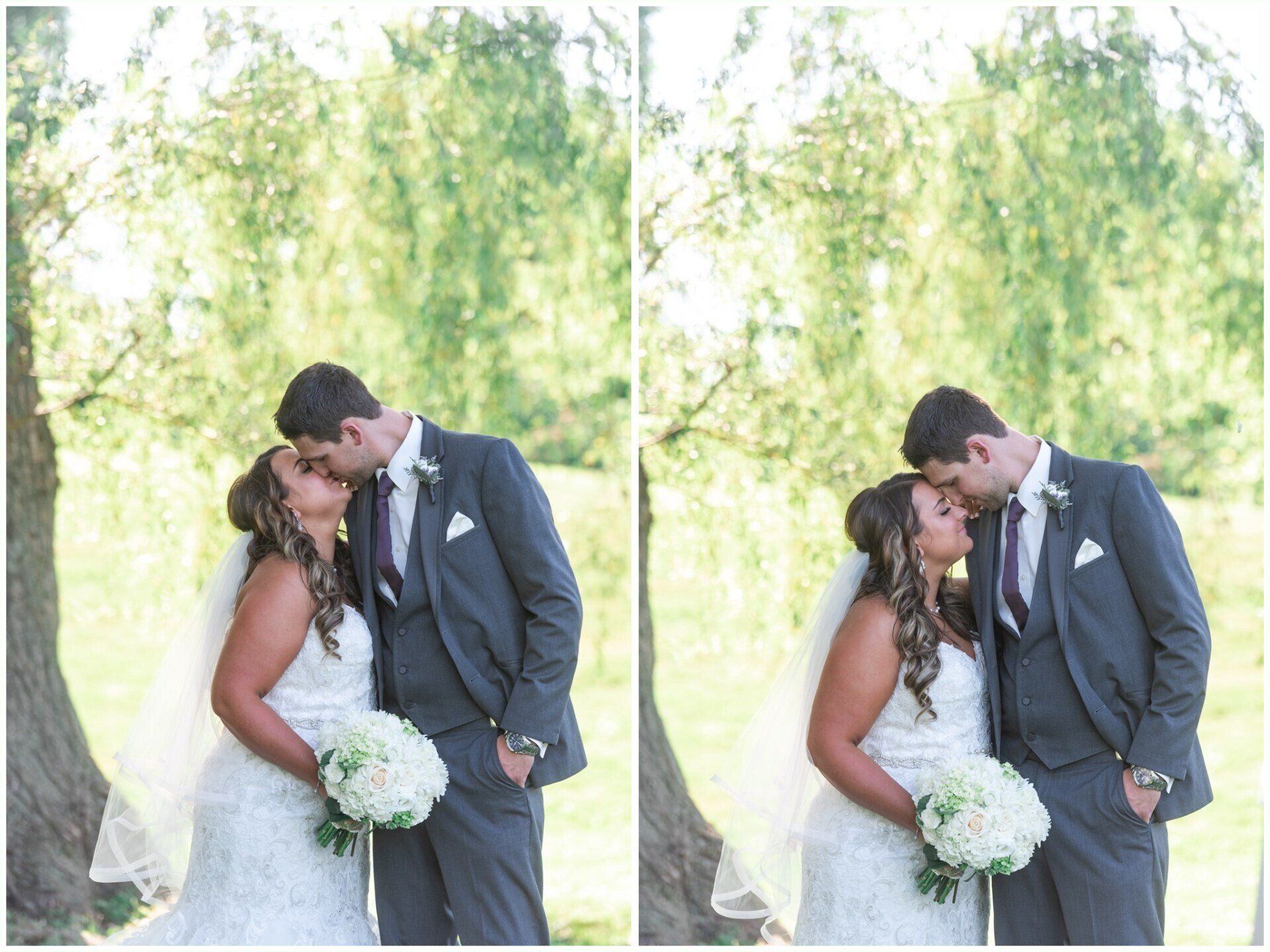 Wedding couple kissing under a white veil, holding a bouquet in a garden setting