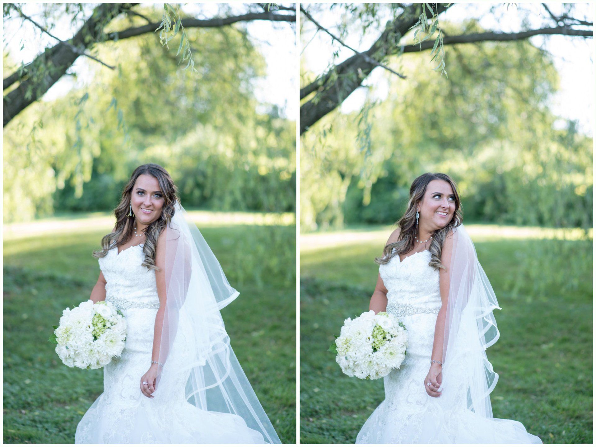 Bride in a white dress holding a bouquet, shown in two outdoor portraits in a green garden.