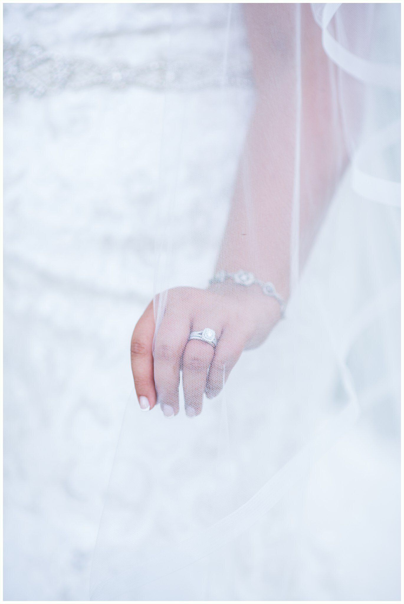 Close-up of a hand with a ring, softly draped in sheer white fabric.