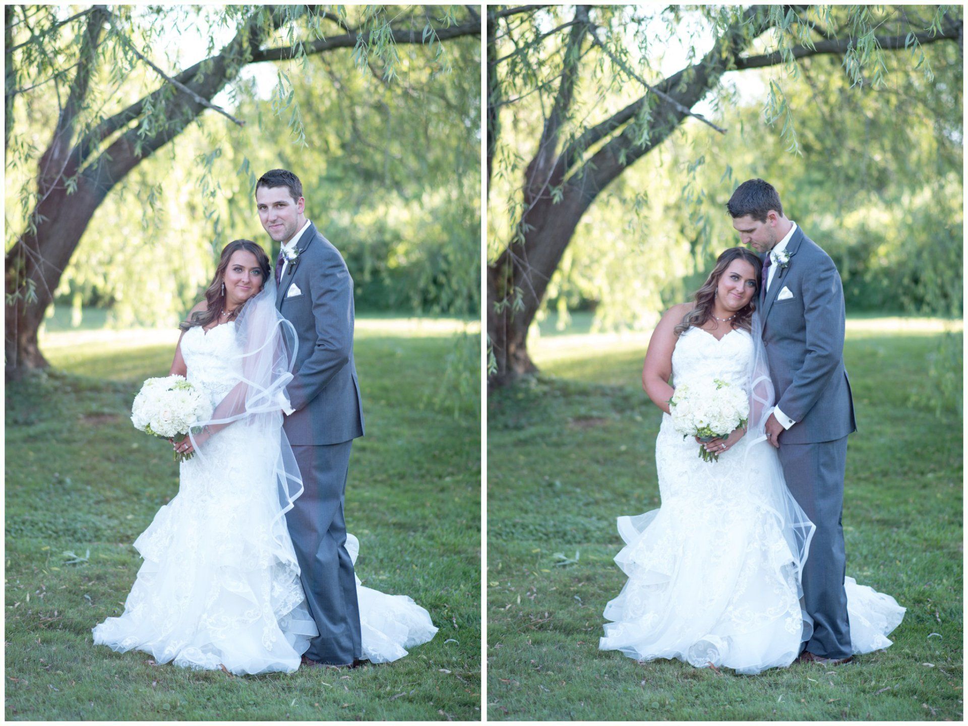 Wedding couple posing under a tree in a grassy park, holding a white bouquet.