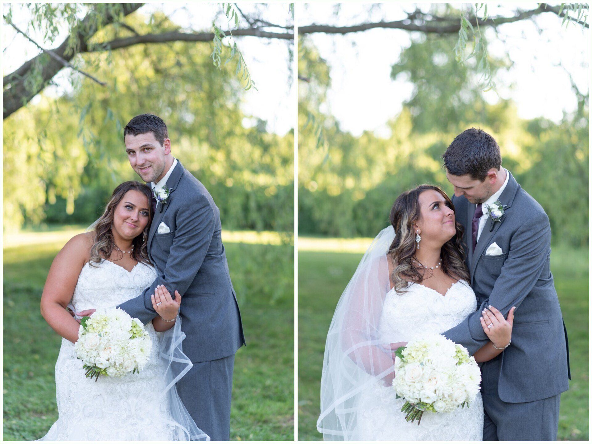 Bride and groom posing outdoors, embracing in a green park on their wedding day.