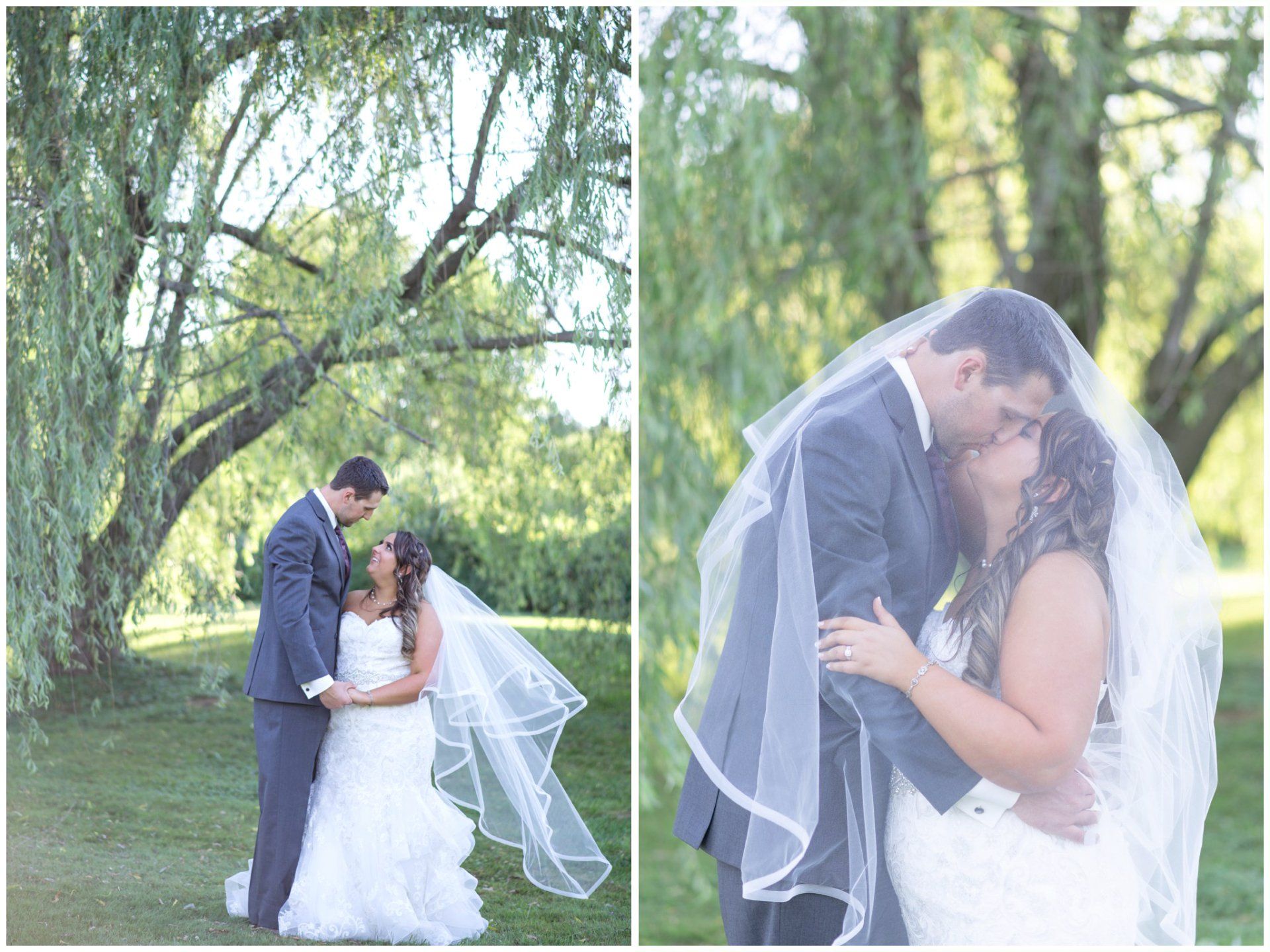 Bride and groom embracing in a sunlit wooded outdoor wedding scene