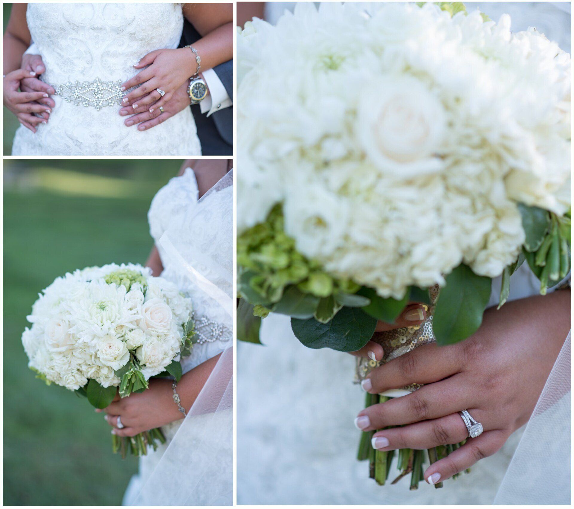 Bride holding white bouquet, showing jeweled dress and wedding rings in a close-up collage