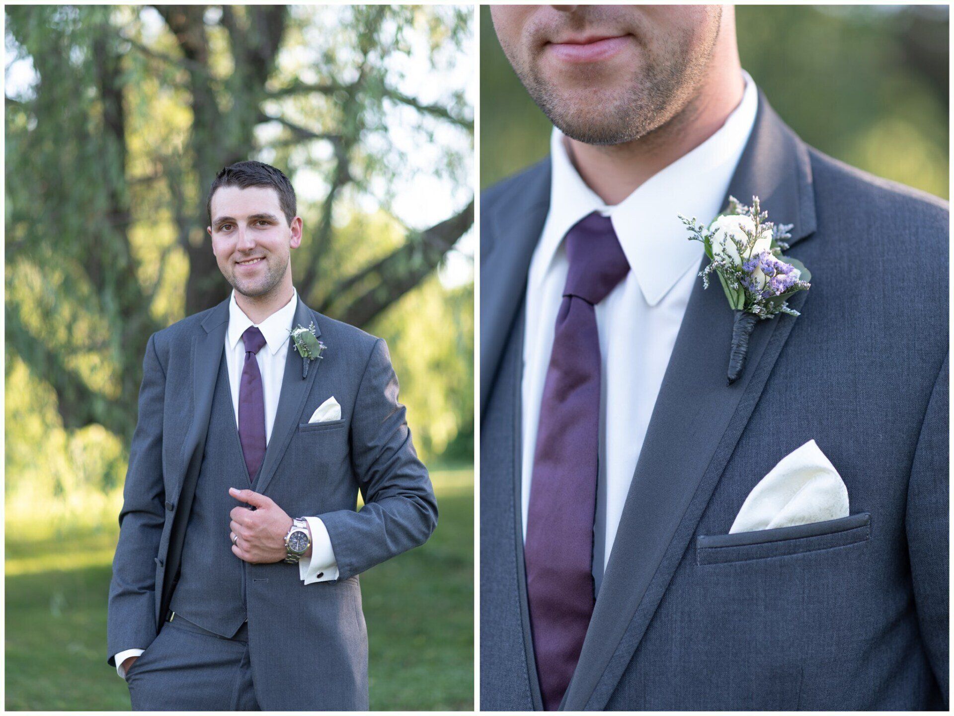 Man in gray suit with purple tie and boutonniere, standing outdoors in a formal garden setting.