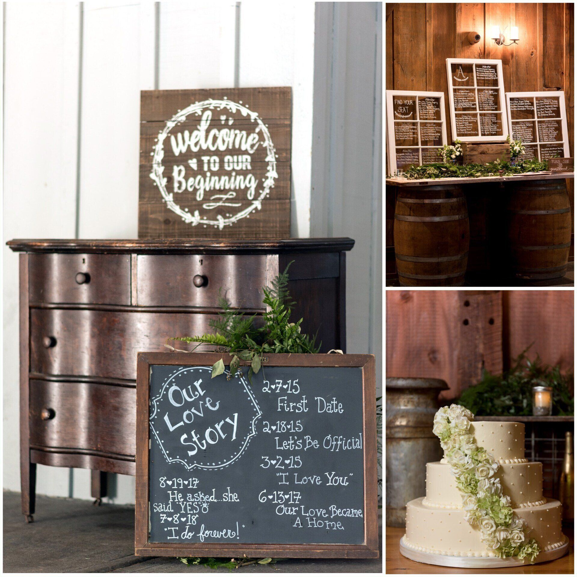 Wedding welcome display with rustic signs, chalkboard seating chart, and white cake with flowers