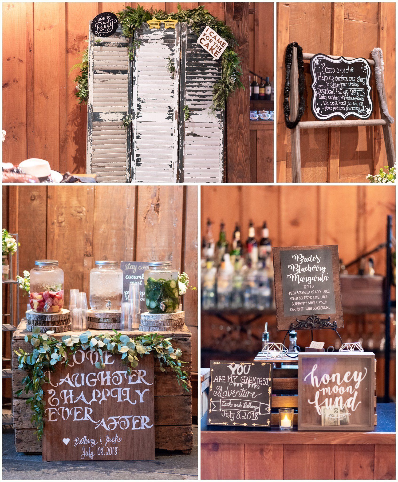 Rustic honey display with jars, chalkboard signs, and wooden décor on a wood-paneled backdrop