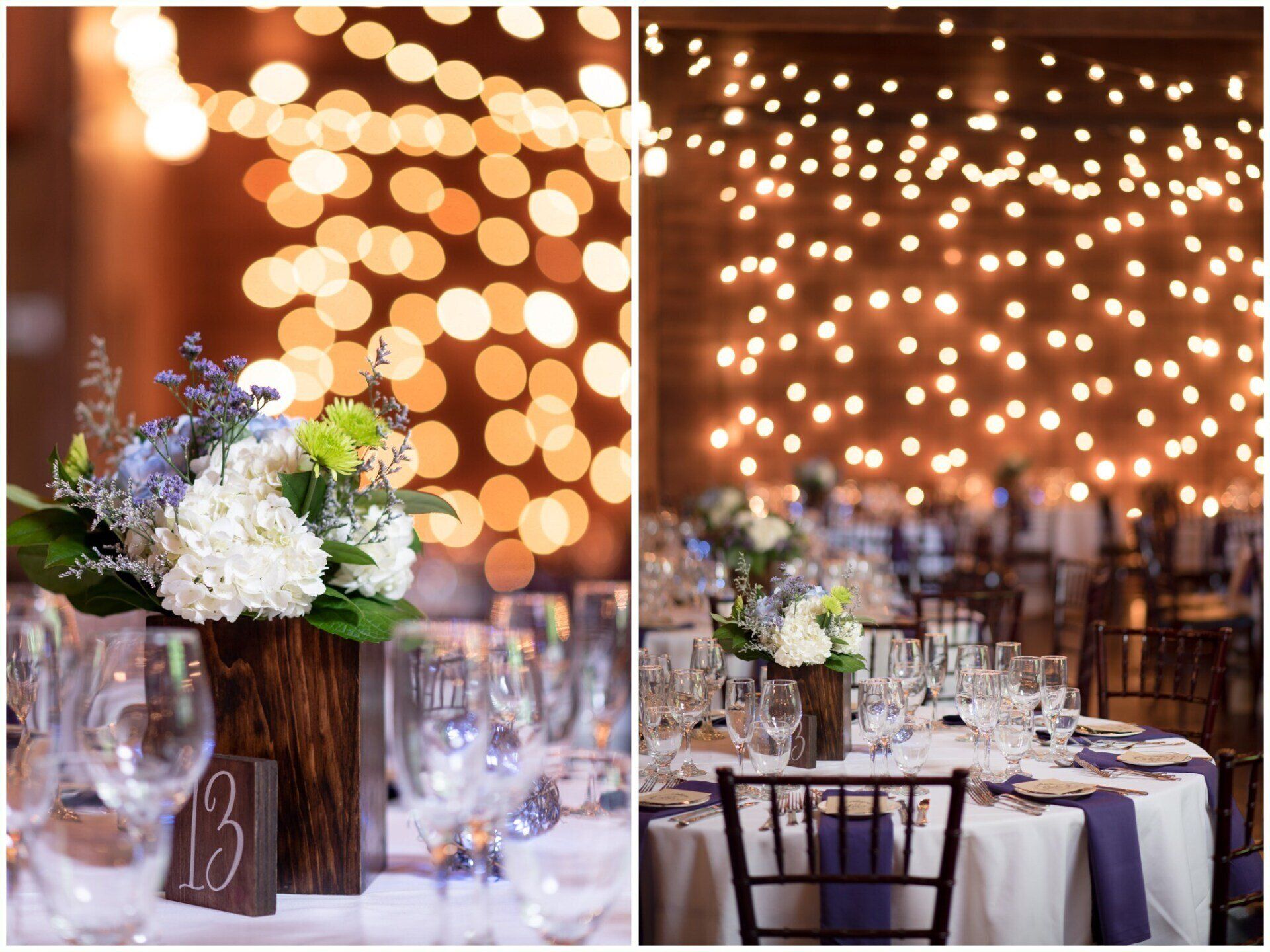 Elegant banquet table with white floral centerpieces and warm string lights in the background
