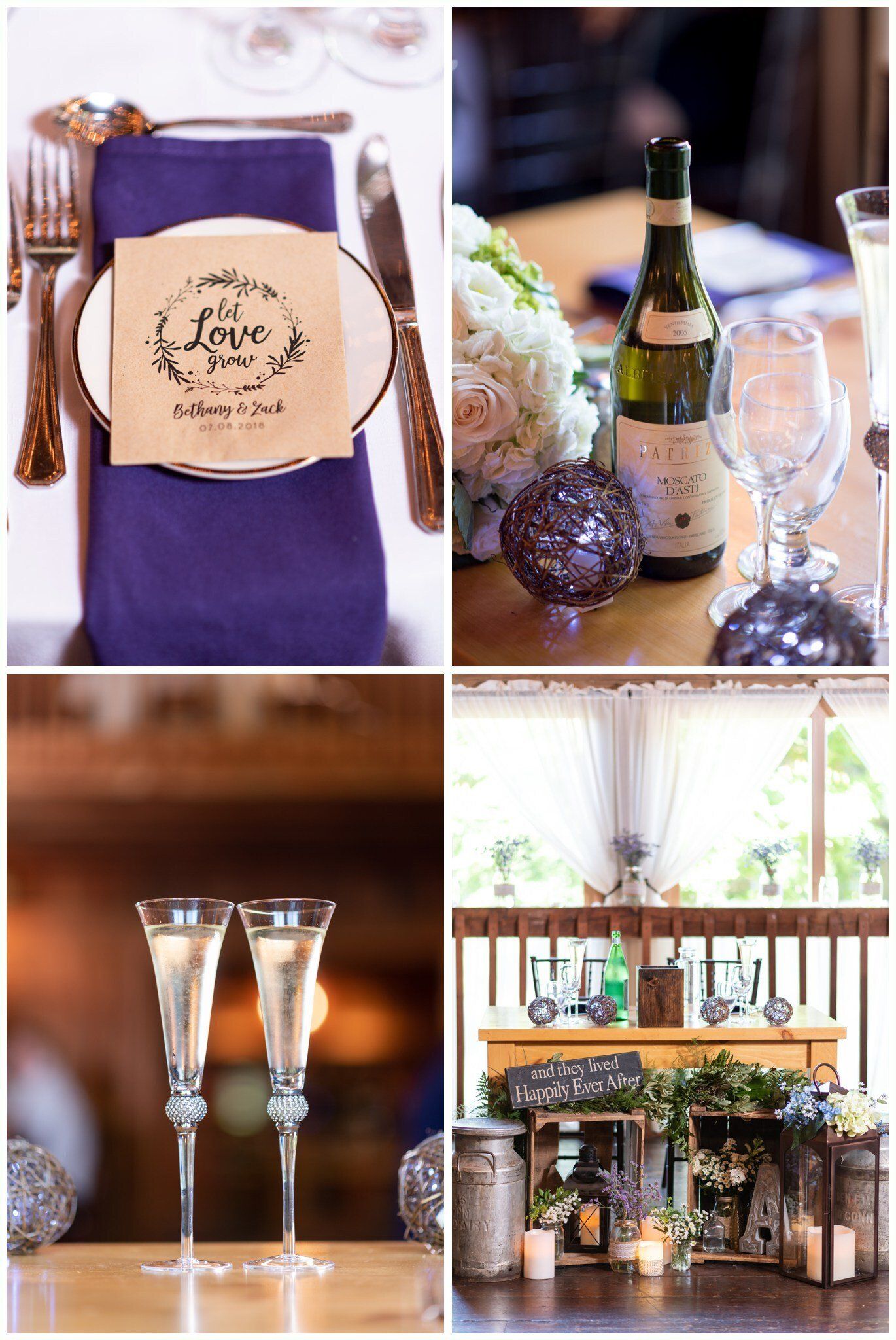 Elegant wedding table decor with purple napkins, champagne bottles, glasses, and floral centerpiece collage