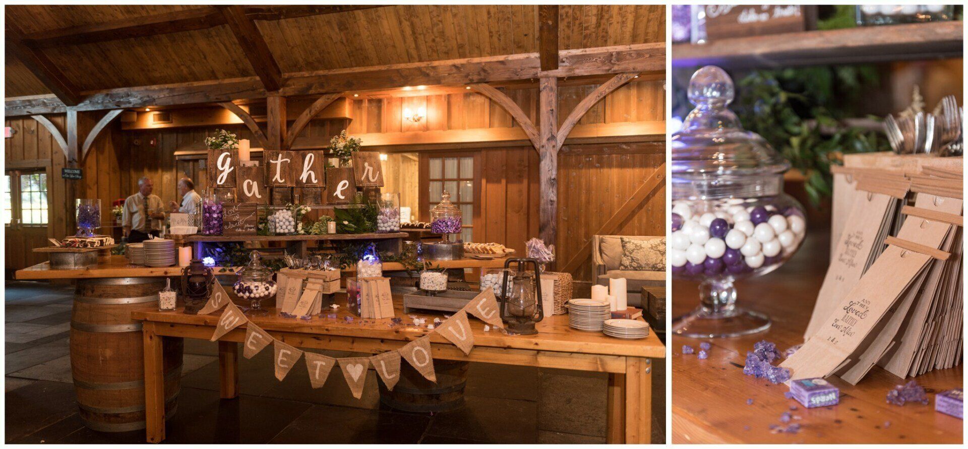 Rustic wooden shop interior with shelves of jars, signs, and a festive table display