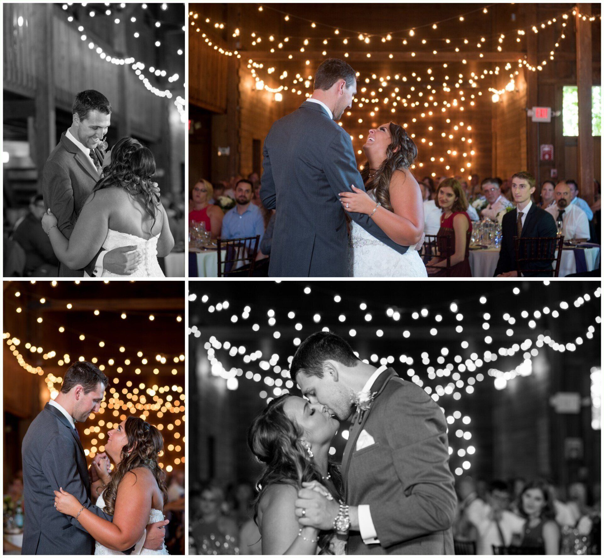 Wedding couple dancing under string lights in four black-and-white and color photo panels