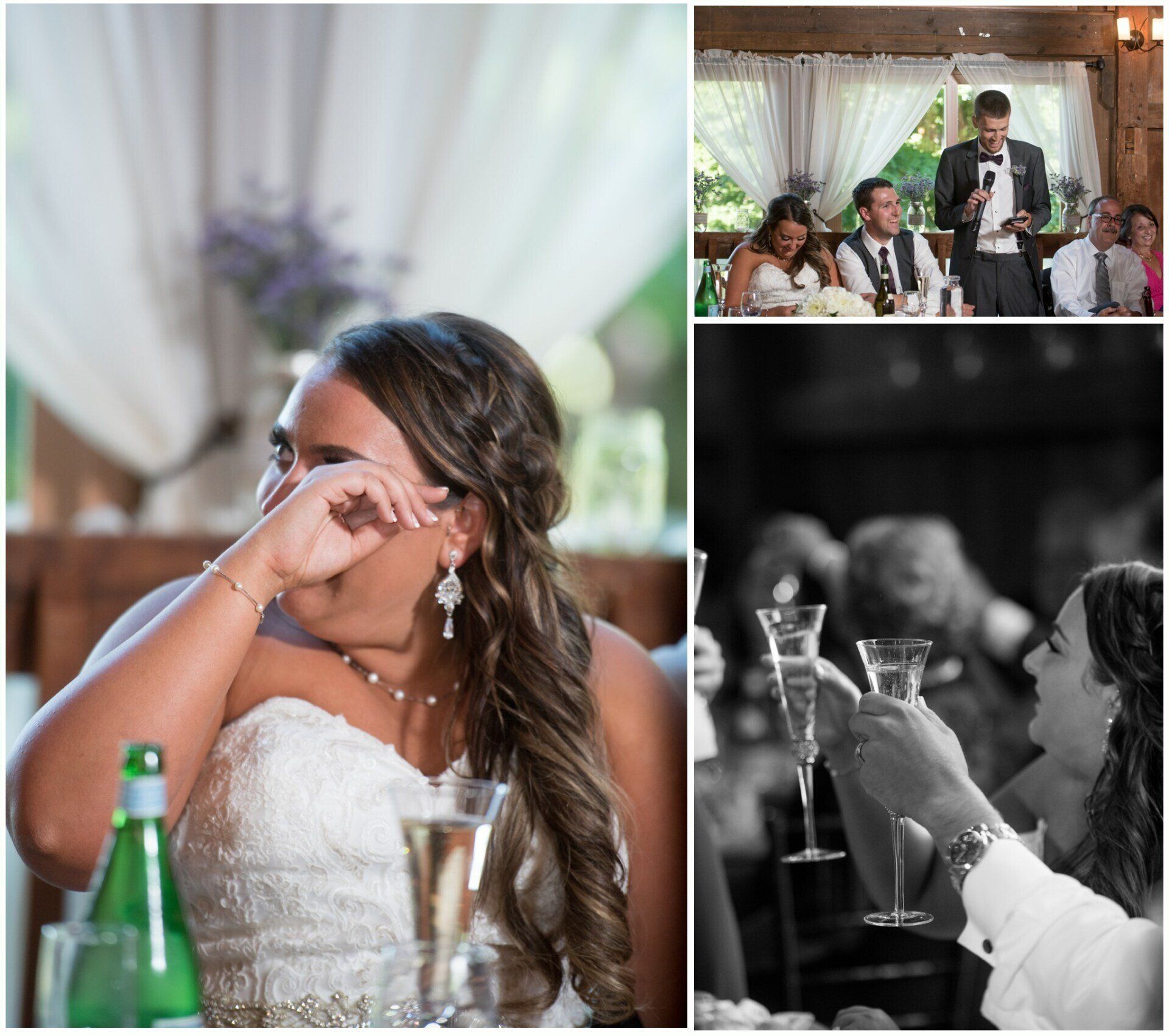 Bride wiping tears at a wedding table, with guests toasting in a three-photo collage