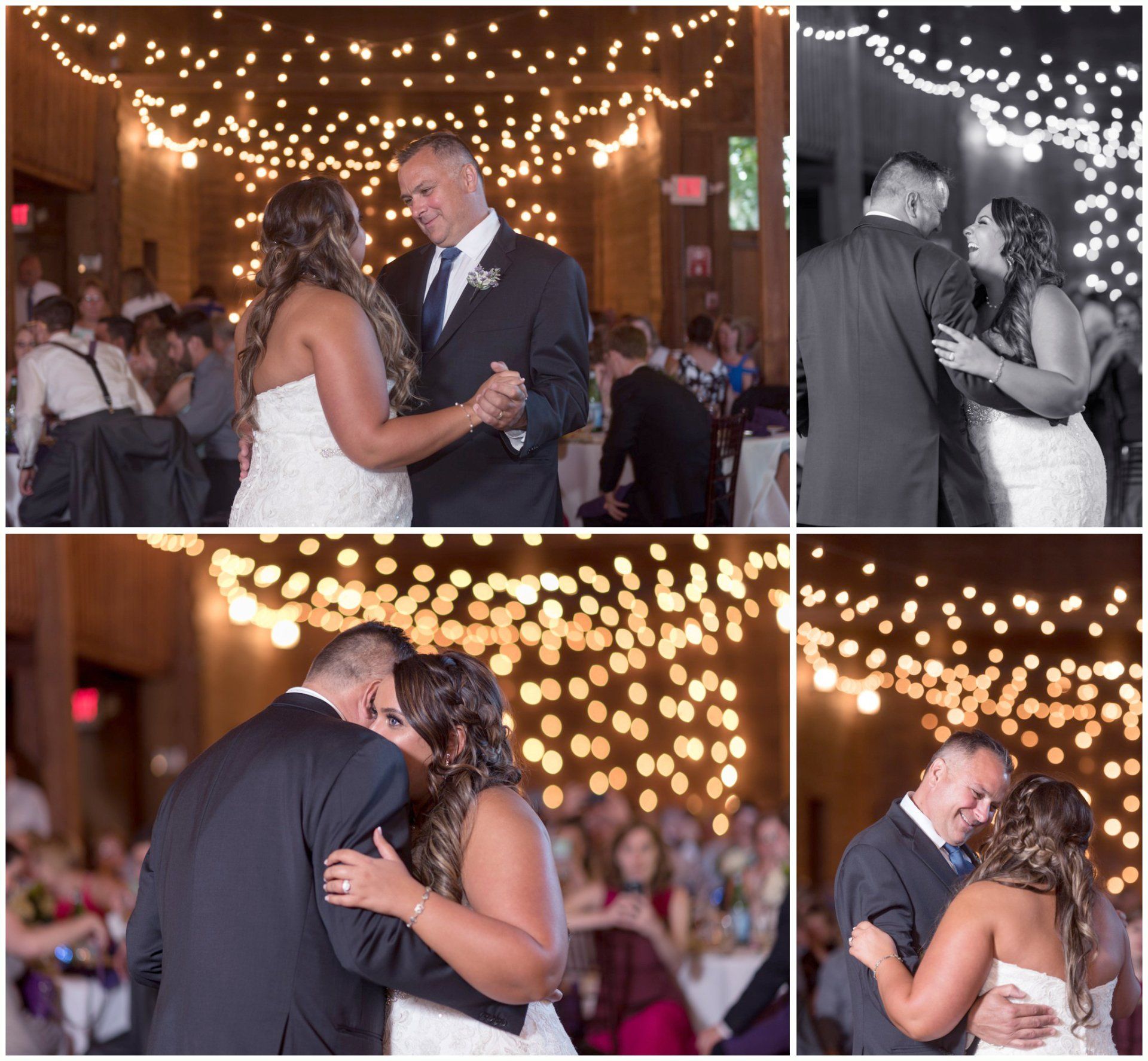 Wedding couple slow-dancing under warm string lights in a collage of color and black-and-white photos