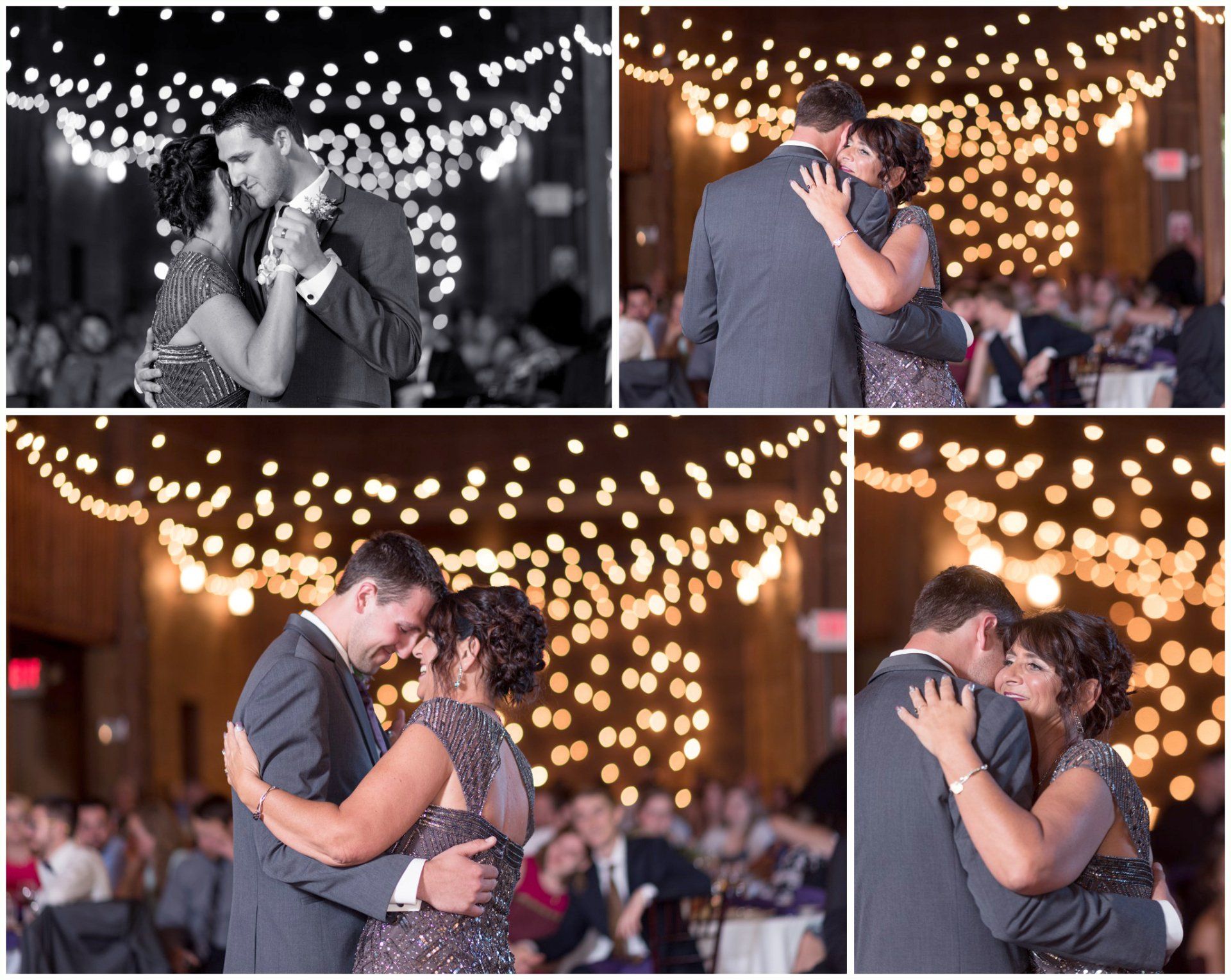 Couple embracing and kissing at a warmly lit evening event, shown in a four-photo collage.