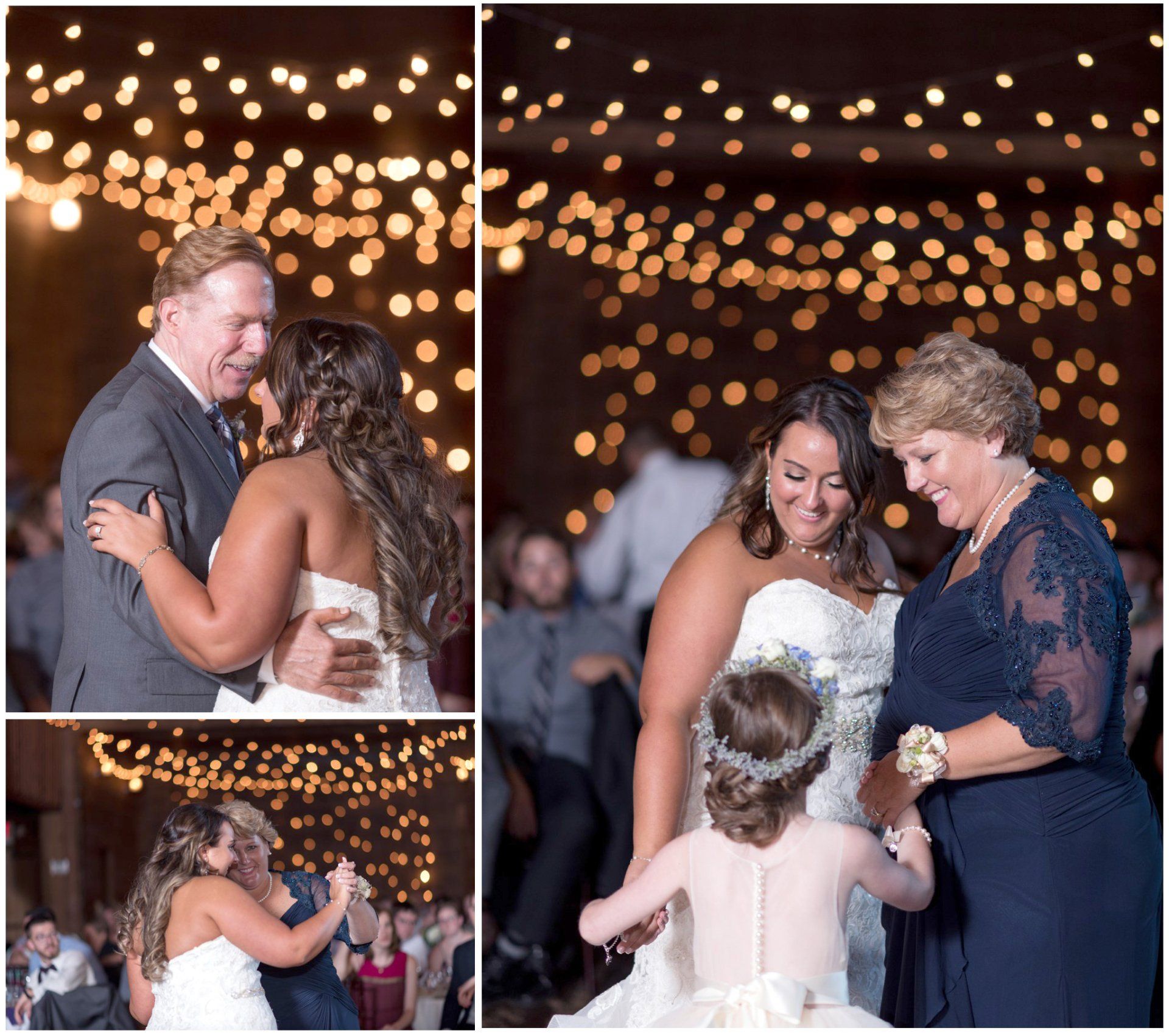 Three-person dance collage at a wedding reception under warm string lights