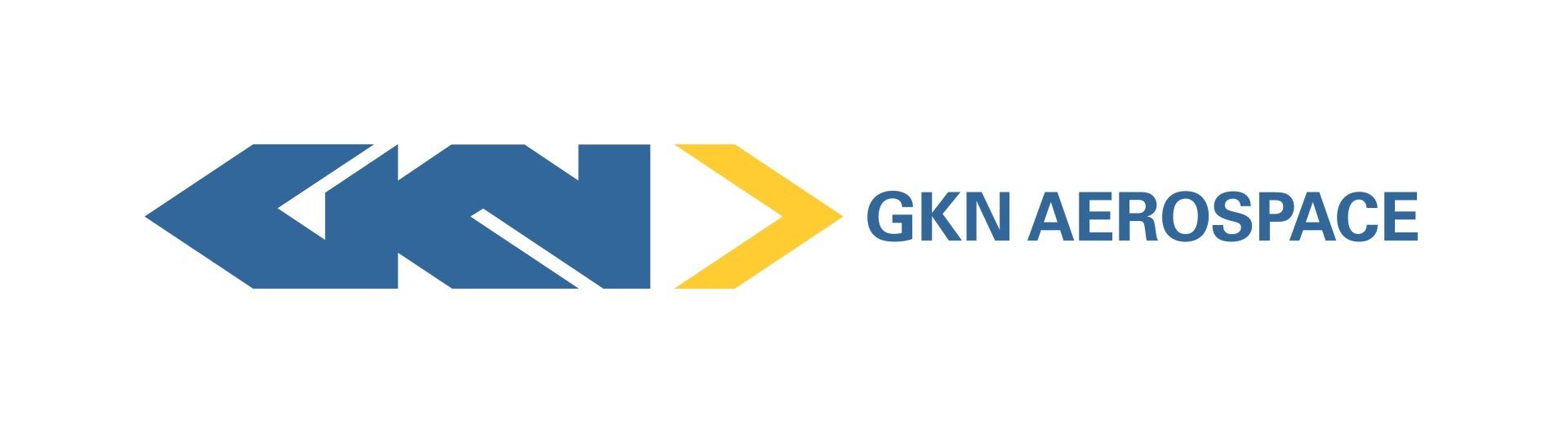 GKN Aerospace logo with blue geometric icon and blue text, accented by a yellow chevron.