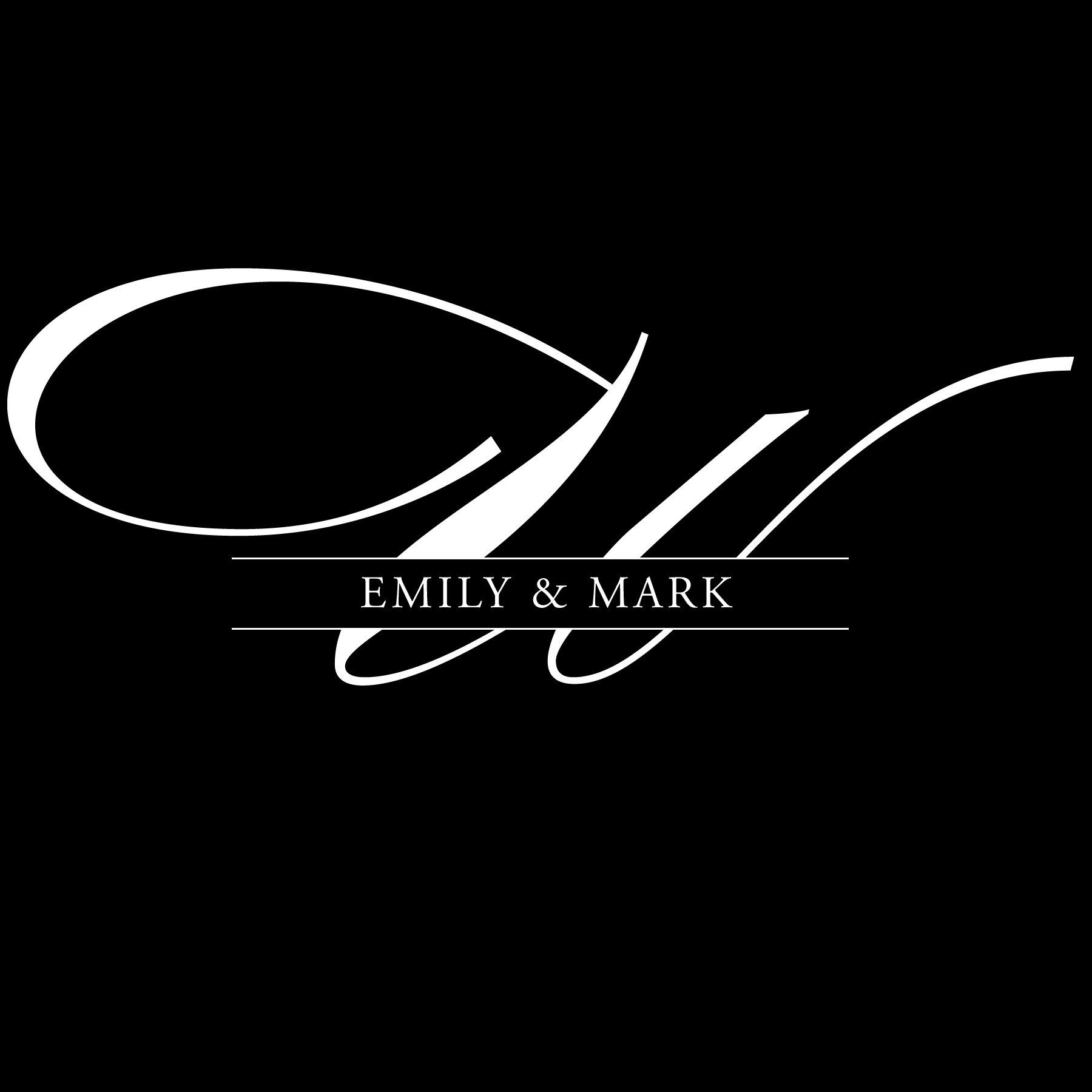 Elegant white monogram “EJ” with “EMILY & MARK” centered on a black background.