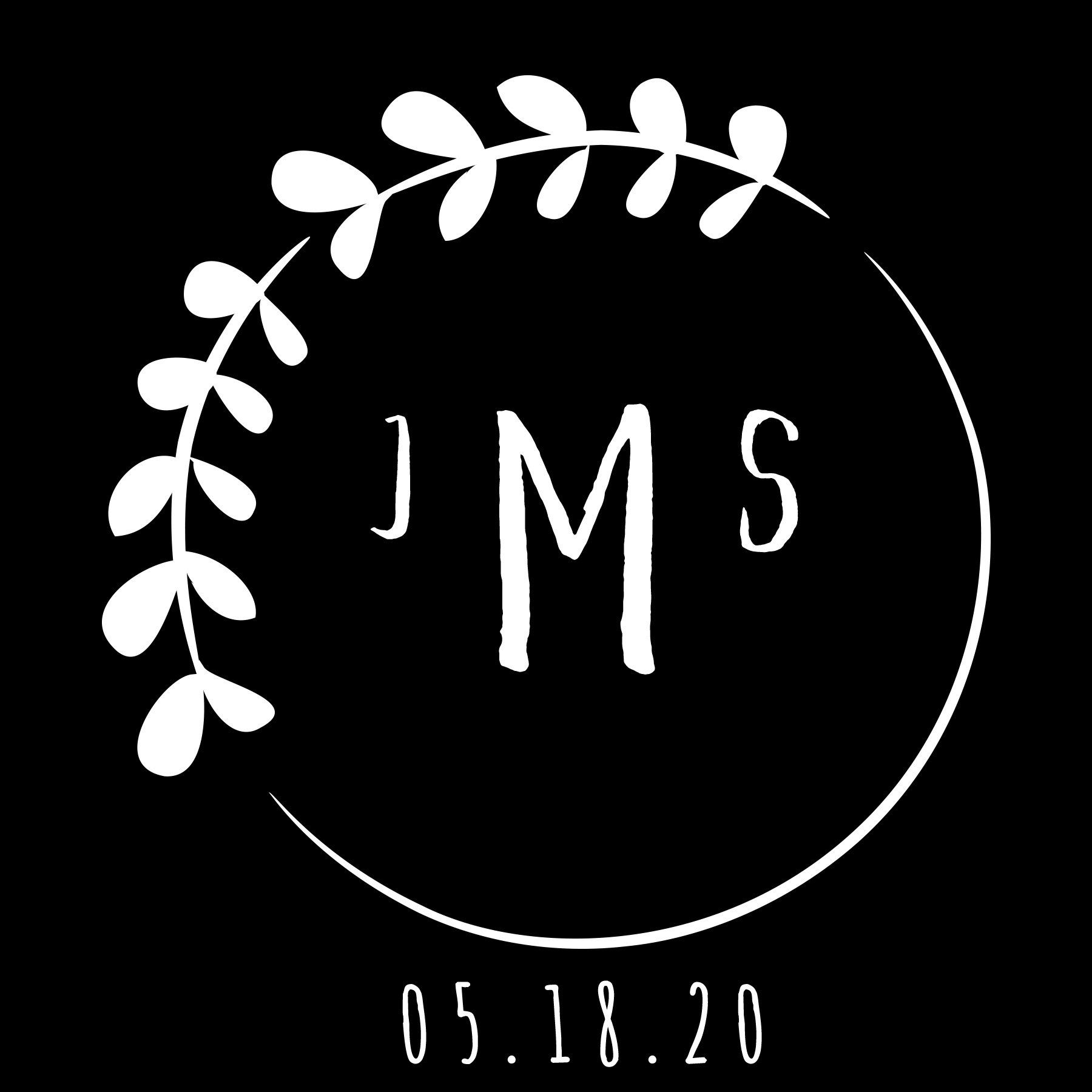 White “JMS” monogram with leafy wreath and date “05.18.20” on a black background
