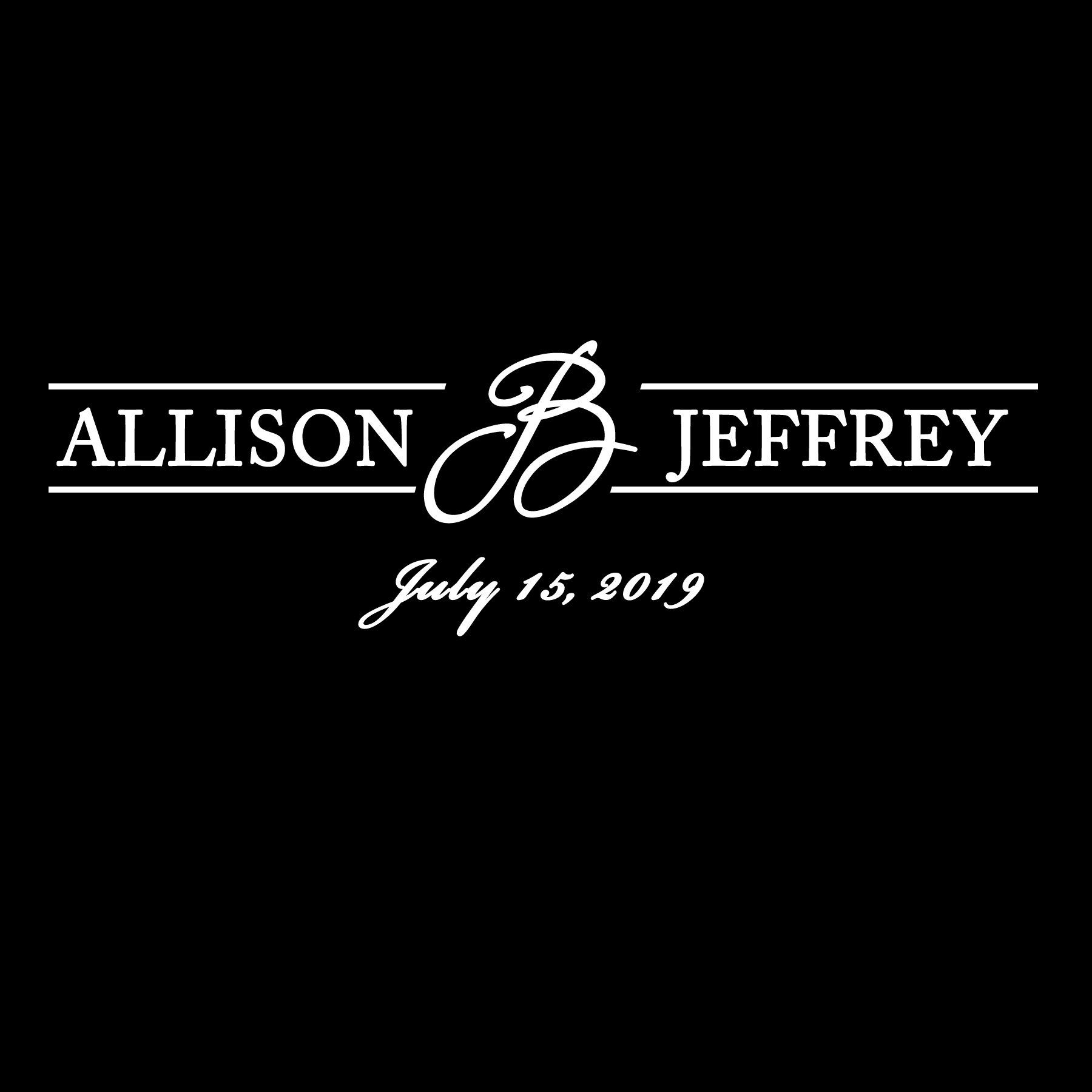 Allison and Jeffrey monogram with wedding date July 16, 2019 on black background