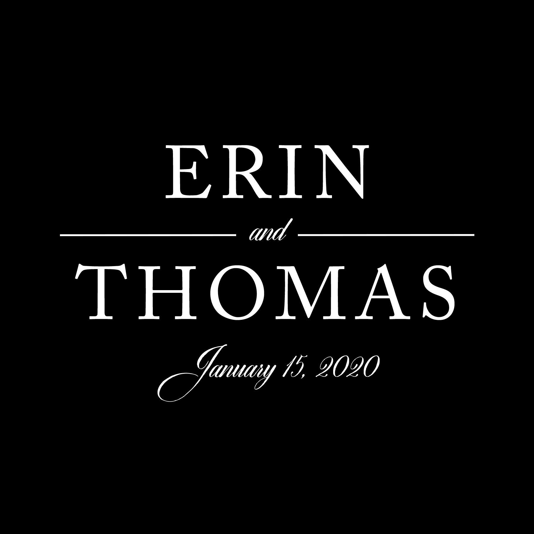 Black wedding invitation with white text reading “ERIN and THOMAS” and “January 15, 2020.”