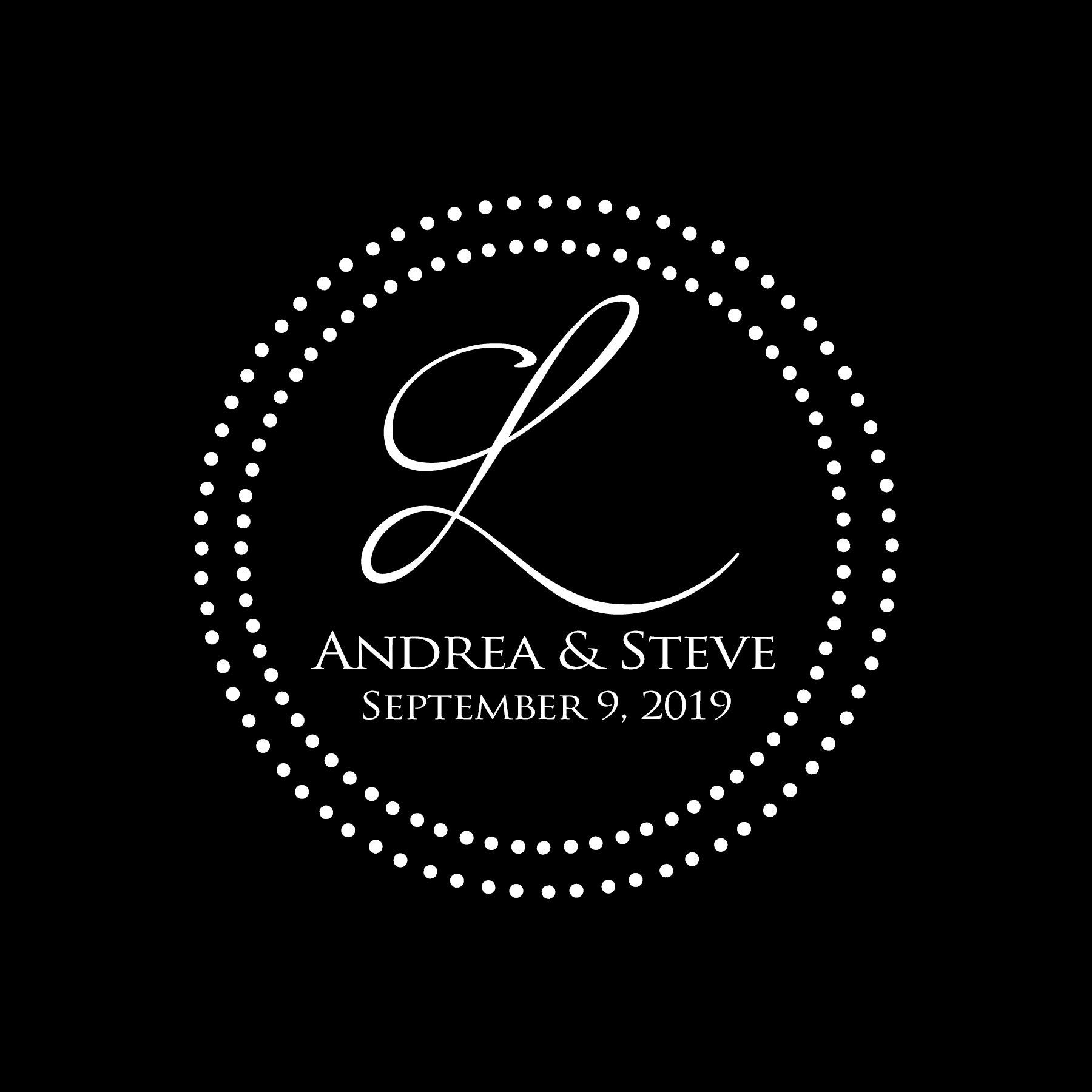 White dotted circular monogram logo with an ornate “L” and the text “Andrea & Steve, September 9, 2019” on black background