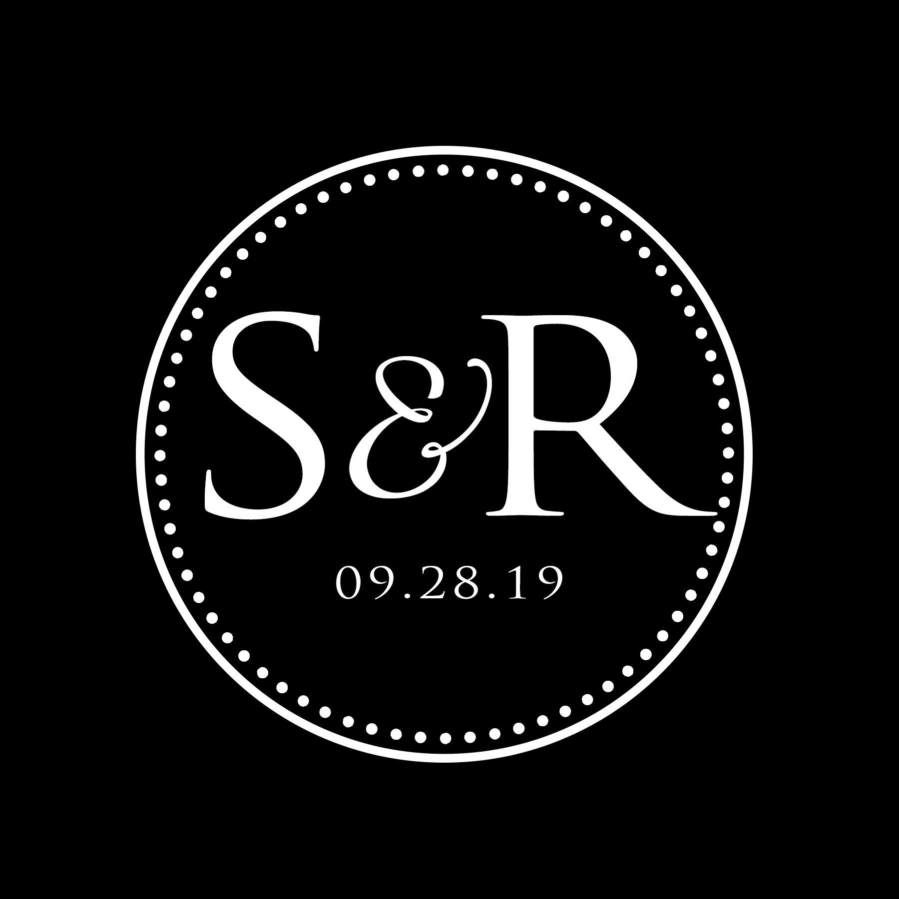Black circular monogram logo with dotted border, white “S&R,” and date “09.28.19”