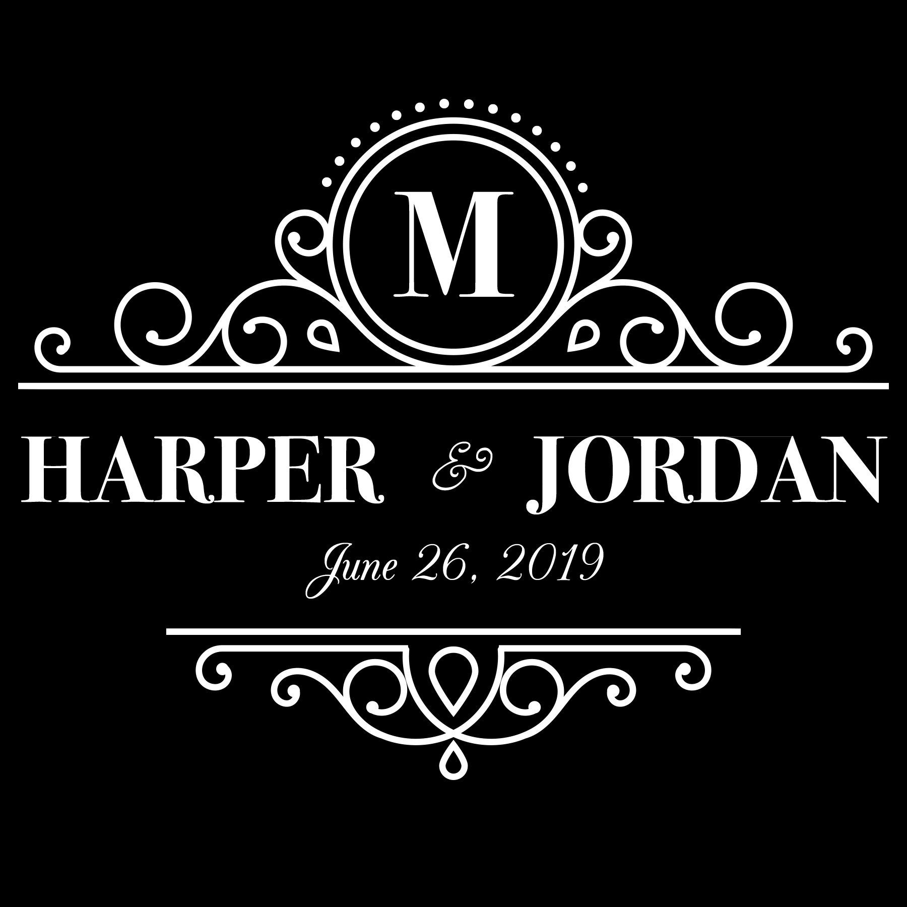 Black wedding monogram with “M,” Harper & Jordan, and date June 26, 2019 on a decorative frame