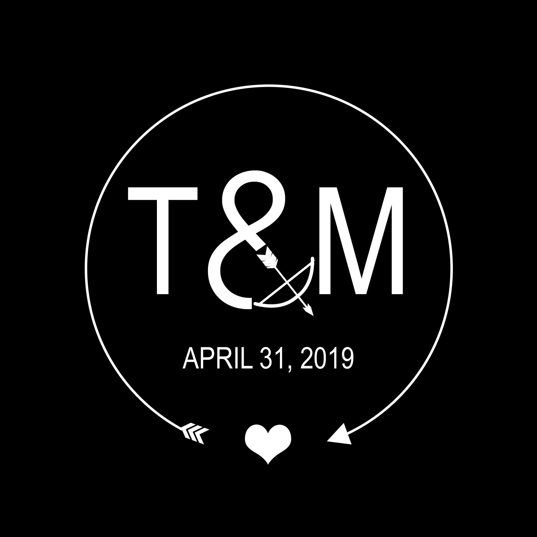 Black circular monogram with “T&M,” date “APRIL 31, 2019,” a heart, and arrow on a white background