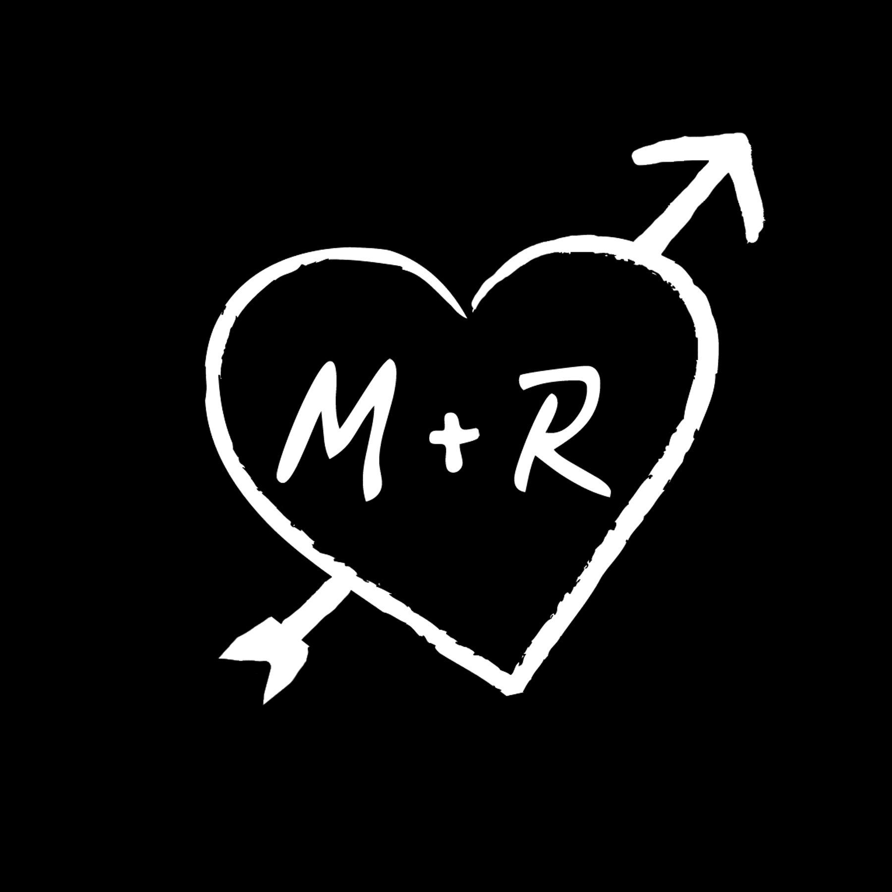 White heart with “M+R” and arrows on a black background.