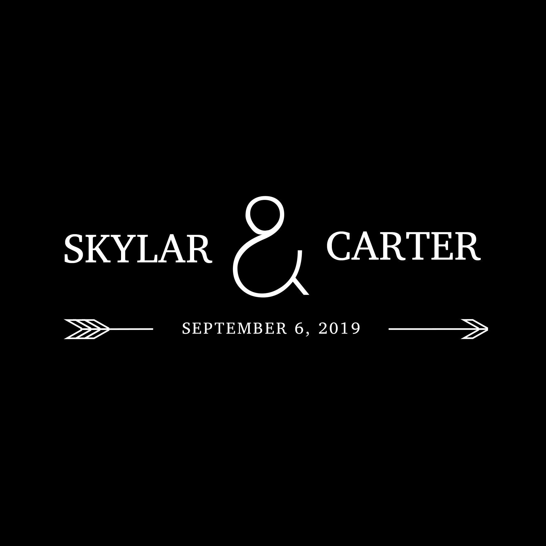 Black wedding-style text reading “SKYLAR & CARTER” with arrows and the date “September 6, 2019” on black background