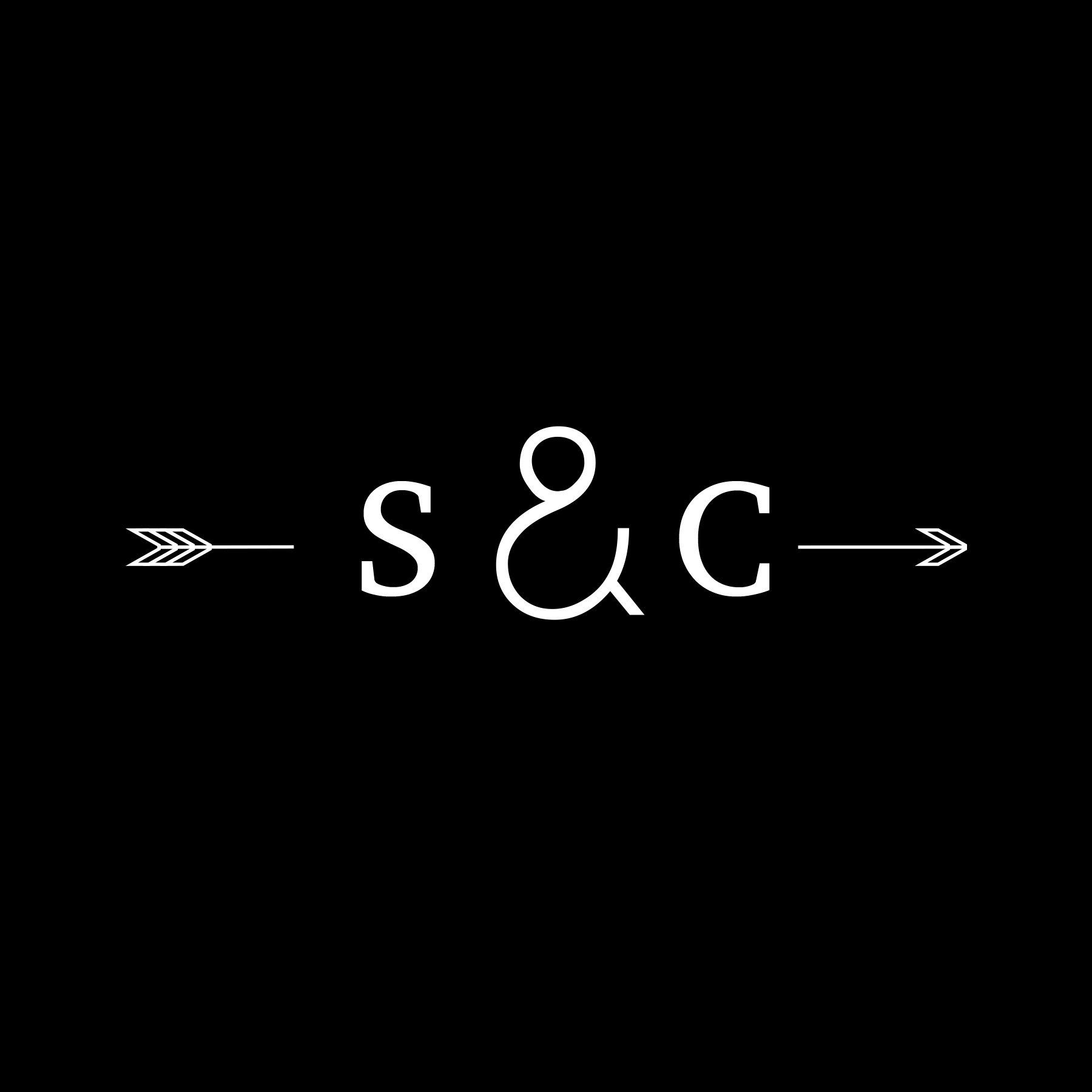 White “s & c” logo with arrows on a black background
