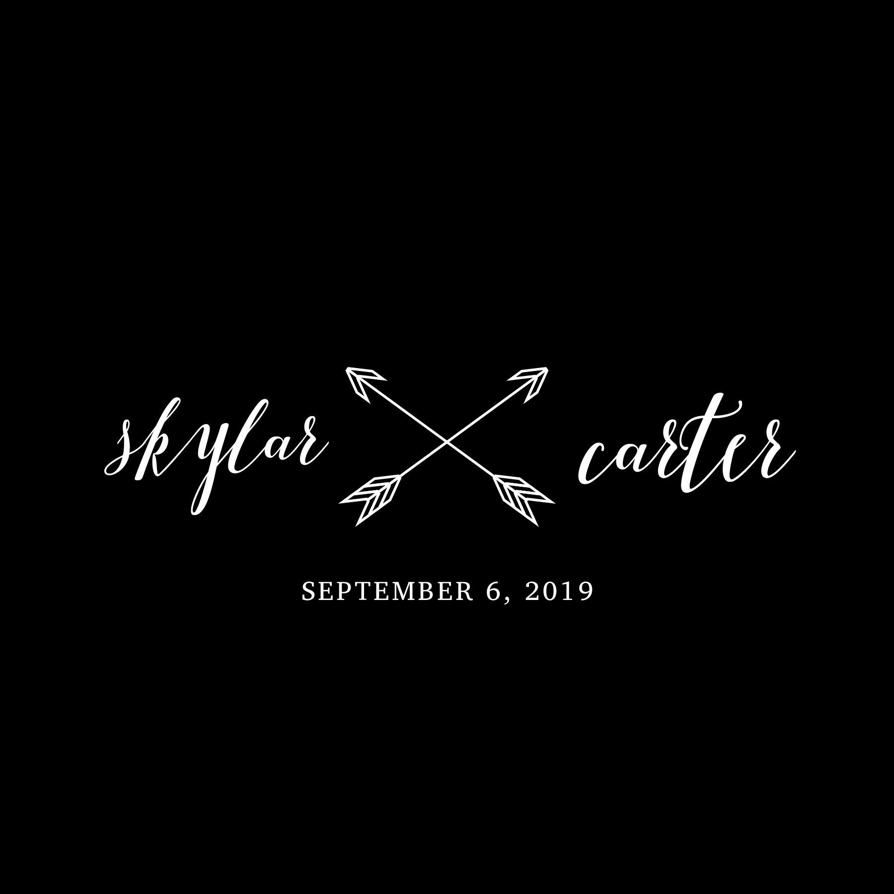 Black wedding invitation with white script names, crossed arrows, and date September 6, 2019.