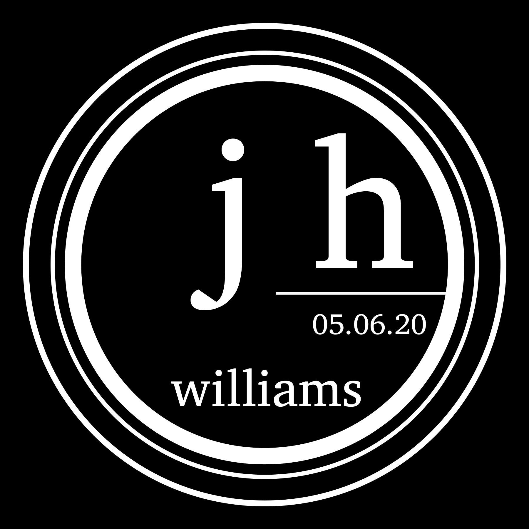 Black circular wedding monogram logo with white initials “jh,” date 05.06.20, and “williams”