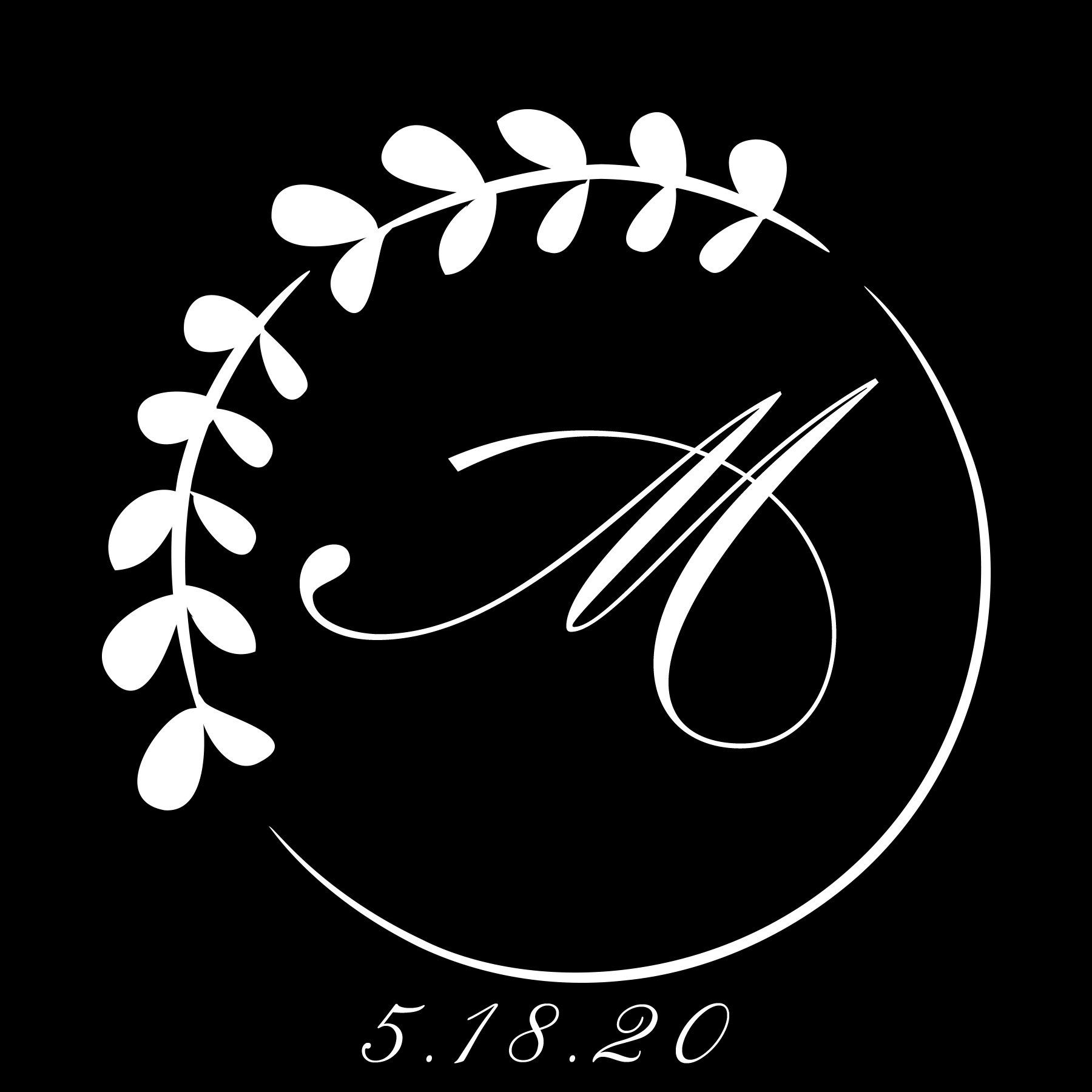 White monogram “M” inside a laurel wreath on black background, with date “5.18.20” below.