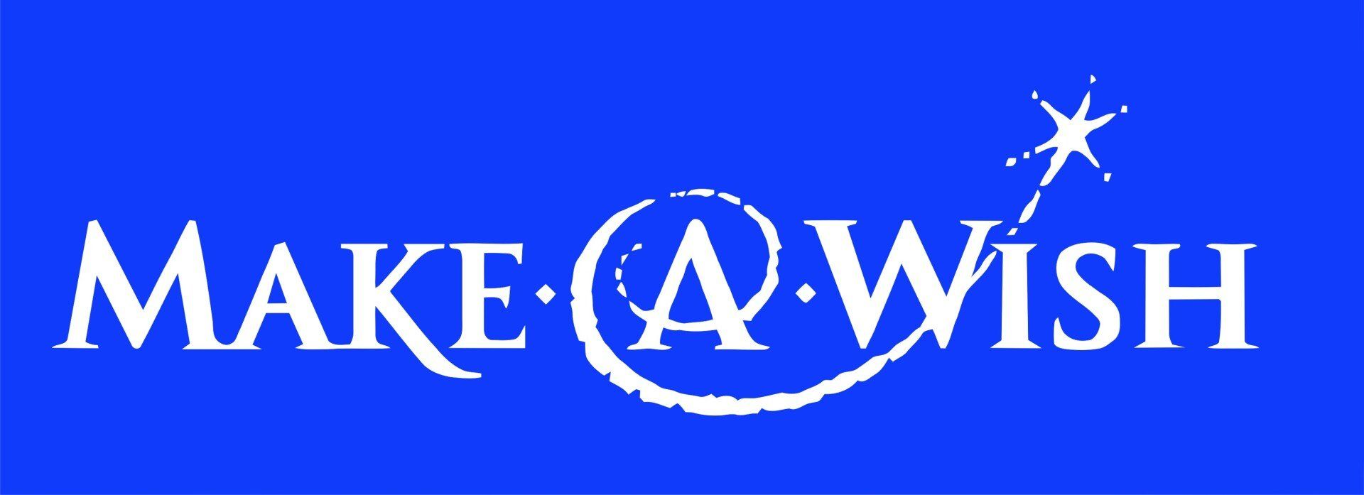 Make-A-Wish logo in white on a blue background, with a star over the “i” and a swoosh around the “A”