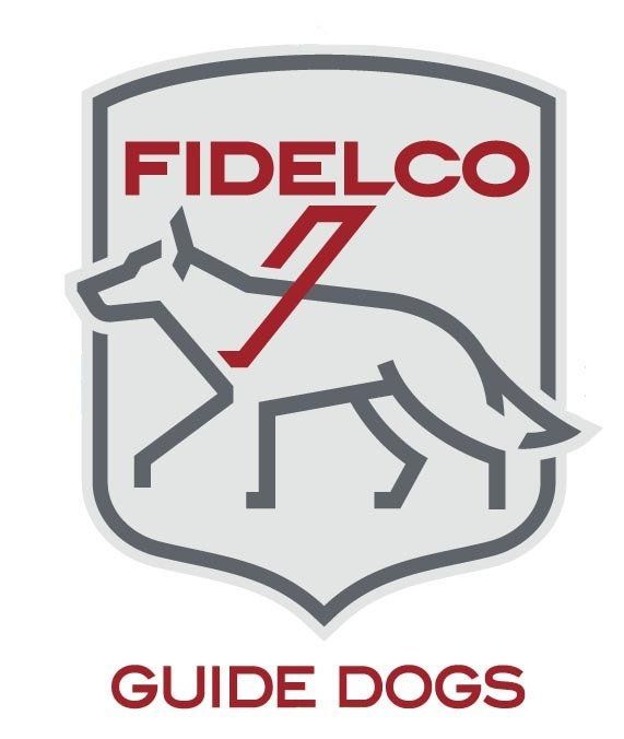 Fidelco Guide Dogs logo with a gray and red outline of a guide dog