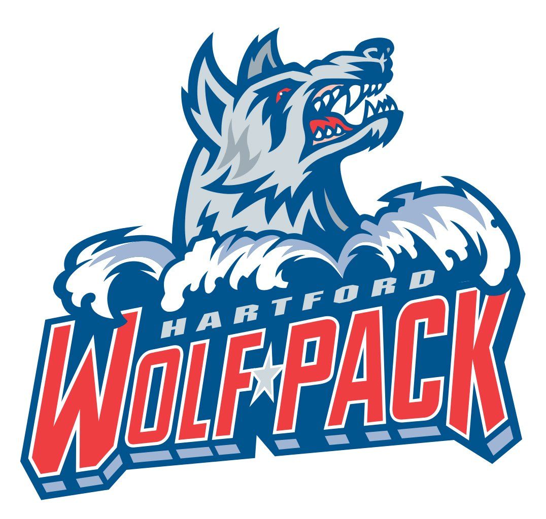 Hartford Wolf Pack logo with a snarling wolf in blue, white, and red above bold red text
