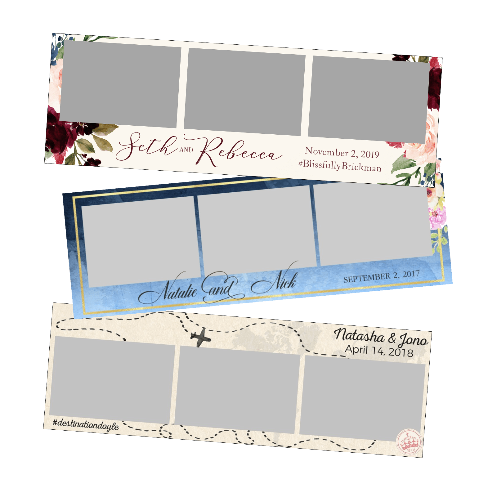 Three floral-bordered invitation cards with blank gray photo boxes and cursive names on white backgrounds
