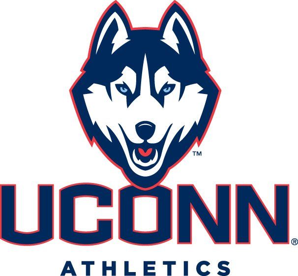UConn Huskies logo with navy-and-red husky head above UConn Athletics text