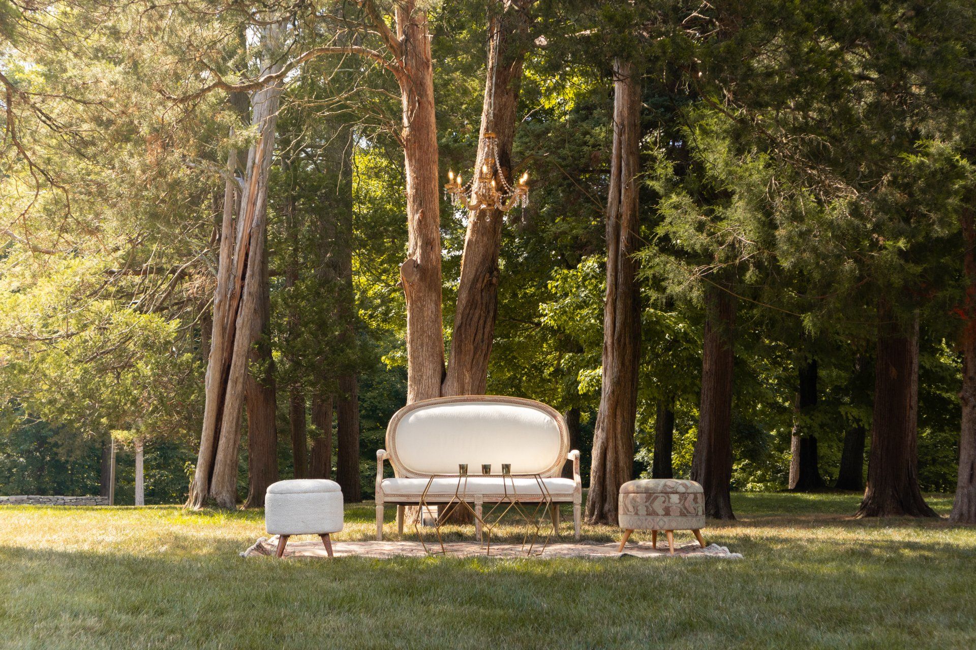 White sofa and matching chairs arranged on a grassy lawn in a sunlit wooded park.