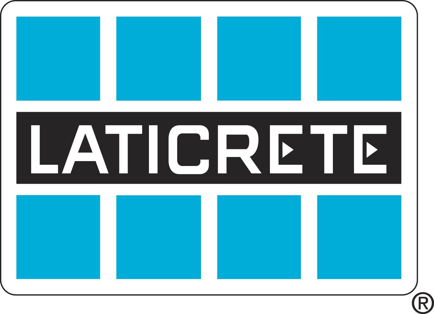 LATICRETE logo in white on a black bar, surrounded by blue squares on a white background.