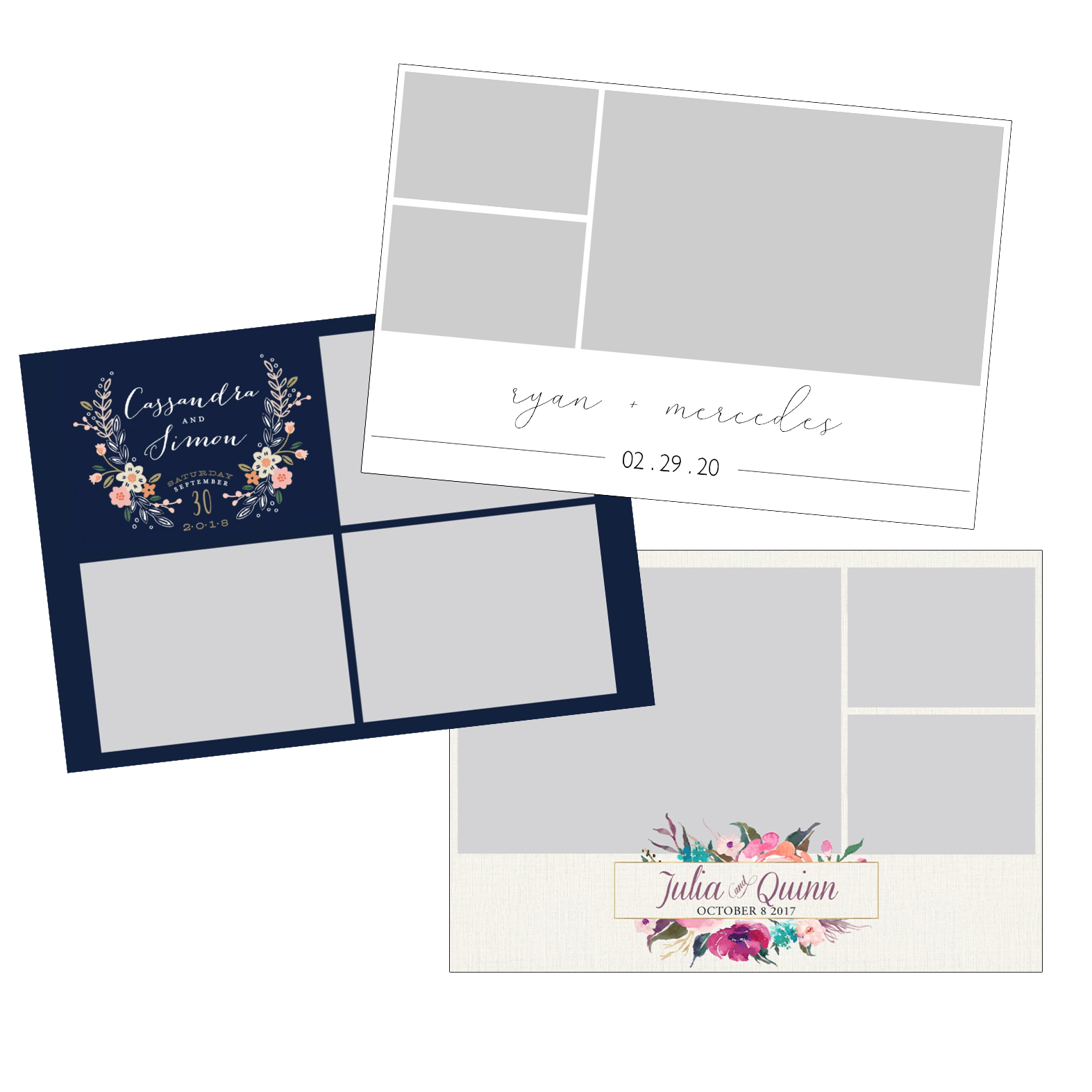 Sample wedding invitation and matching navy, gray, and floral cardstock layout mockups