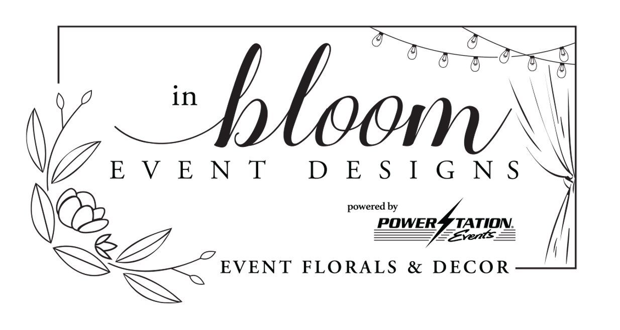 Logo for In Bloom Event Designs with floral line art and “Event Florals & Decor” text on a white background