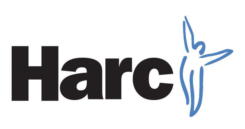 Harc logo with black text and a blue abstract human figure